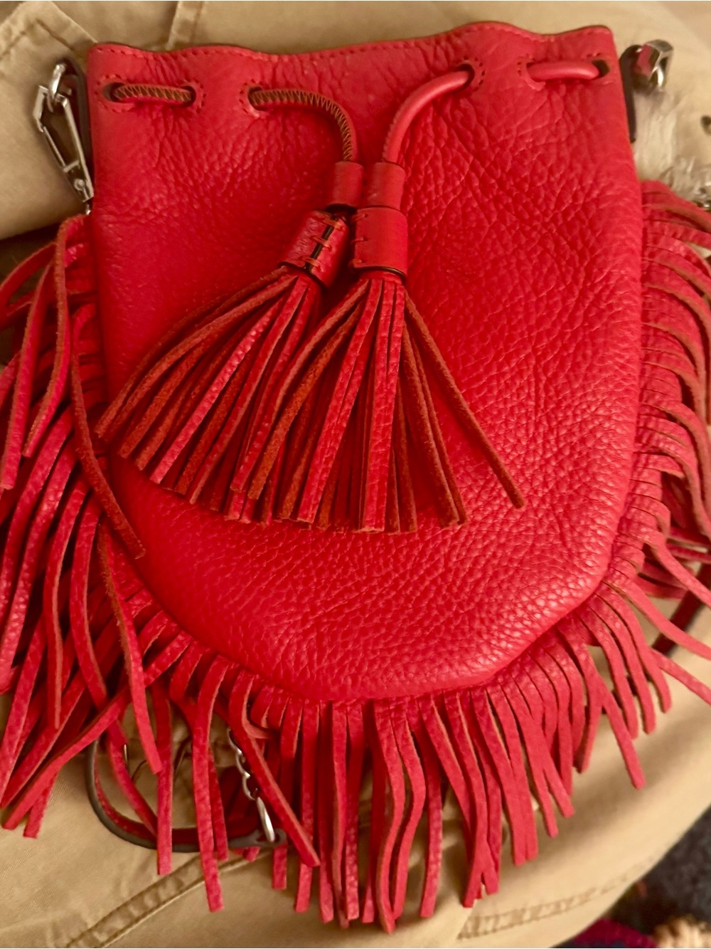 Rebecca Minkoff Red Leather Fringe Drawstring Crossbody